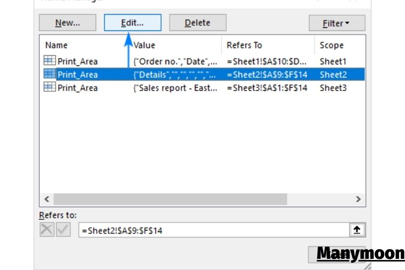 Edit print area in Excel by using Name Manager